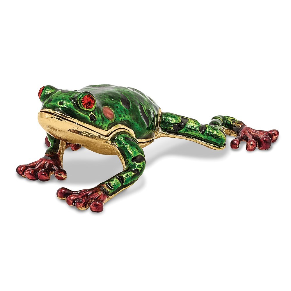 Pewter Bejeweled Crystals Enameled FRANK Red Eyed Frog Trinket Box with Pendant